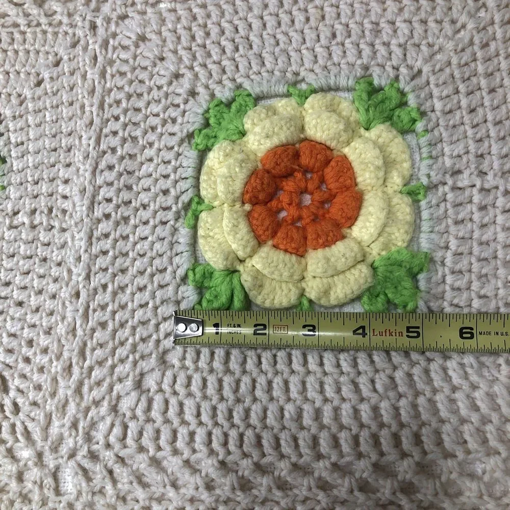 Crochet Afghan Blanket 3D Rose Throw Handmade Granny Square 70s Decor 42” x 68”